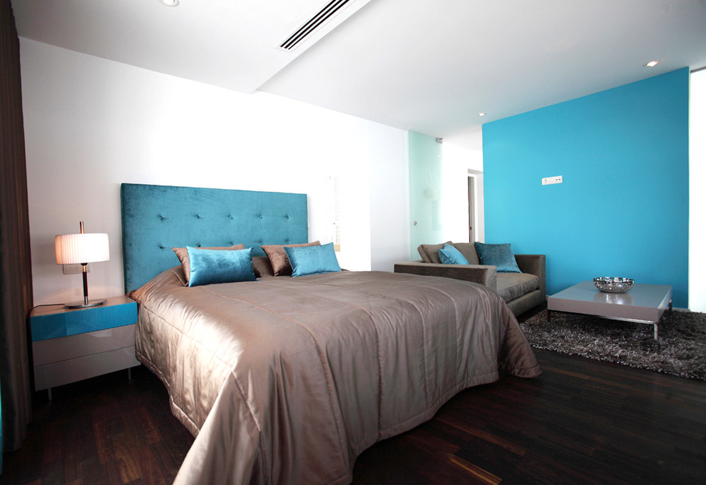 他の地域にある広いコンテンポラリースタイルのおしゃれな主寝室 (白い壁、濃色無垢フローリング、茶色い床) のレイアウト
