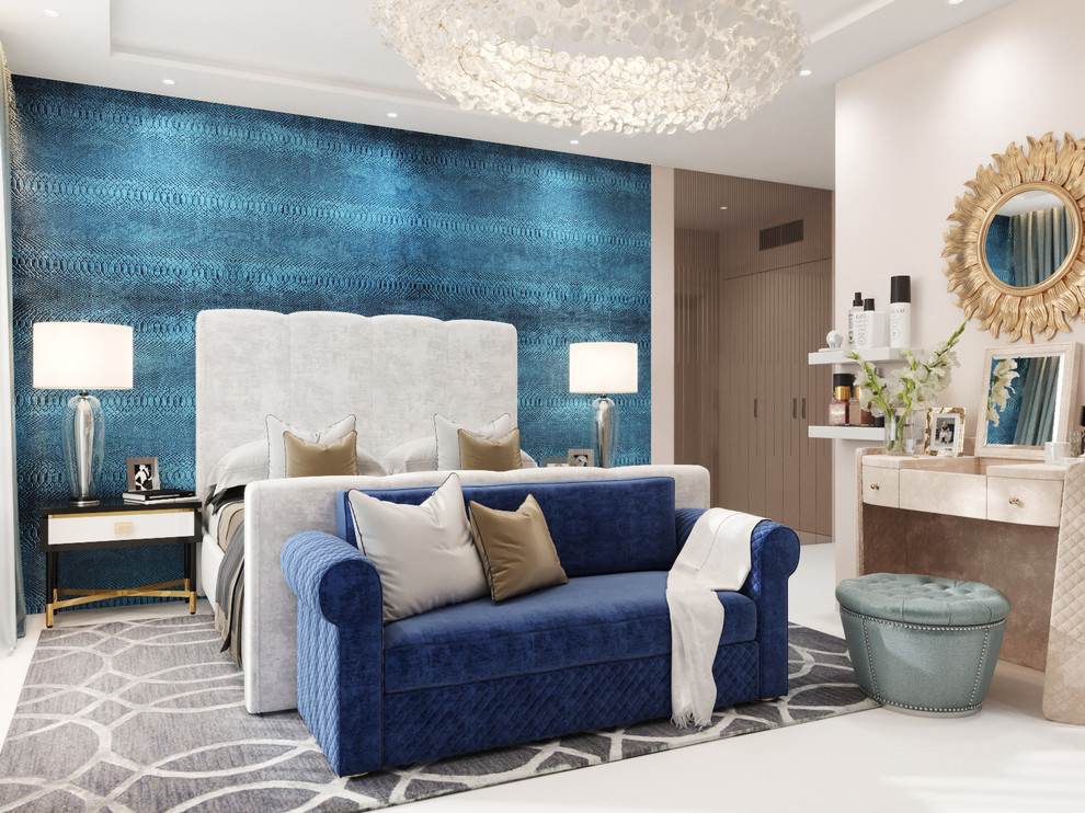 Esempio di una camera degli ospiti minimal di medie dimensioni con pareti blu, pavimento con piastrelle in ceramica, nessun camino e pavimento bianco