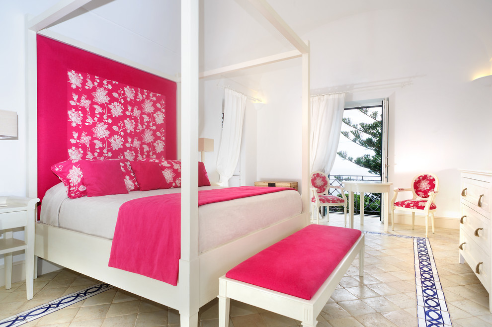 Inspiration for a mid-sized contemporary master travertine floor and multicolored floor bedroom remodel in Rome with white walls