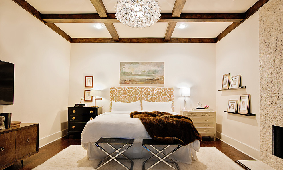 Inspiration for a contemporary bedroom in Dallas with beige walls, dark hardwood flooring and feature lighting.