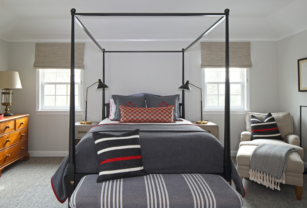 Idéer för vintage sovrum, med grå väggar, heltäckningsmatta och grått golv