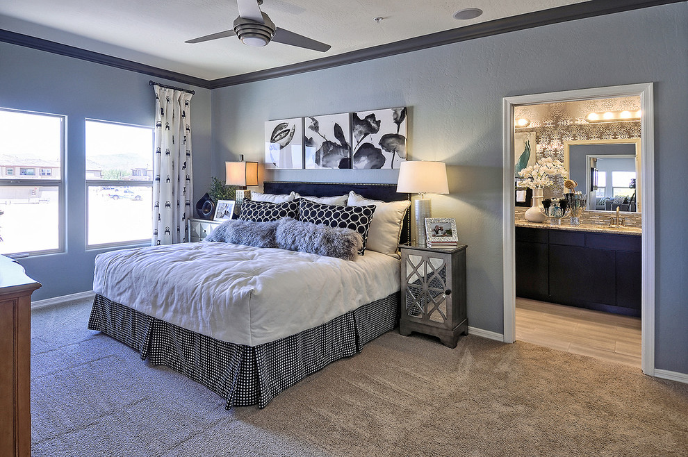 Mittelgroßes Modernes Schlafzimmer mit grauer Wandfarbe und Teppichboden in Phoenix