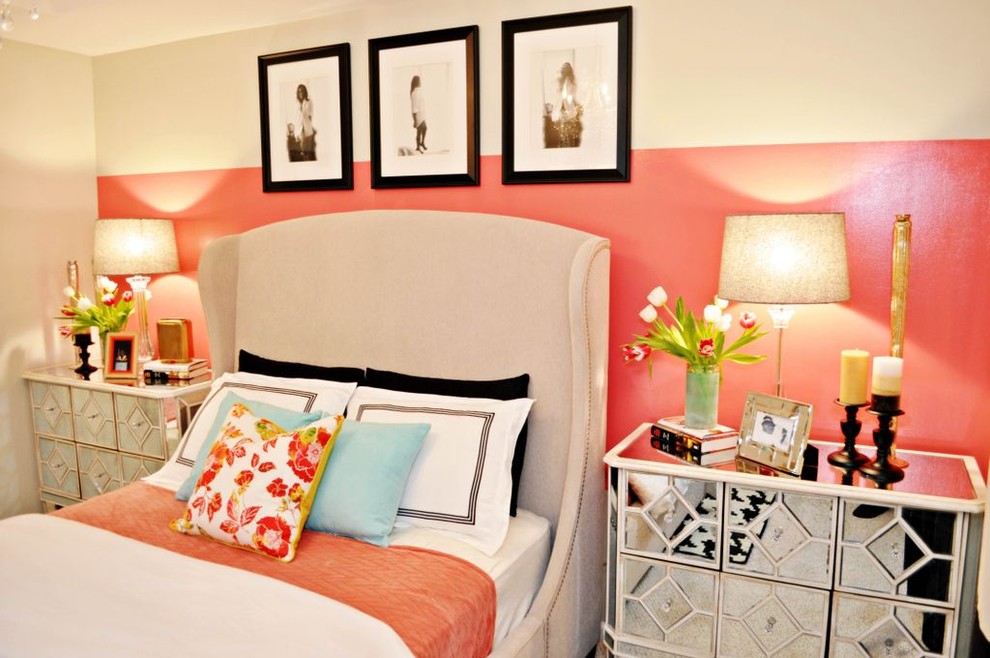 Bedroom - contemporary bedroom idea in Miami with pink walls