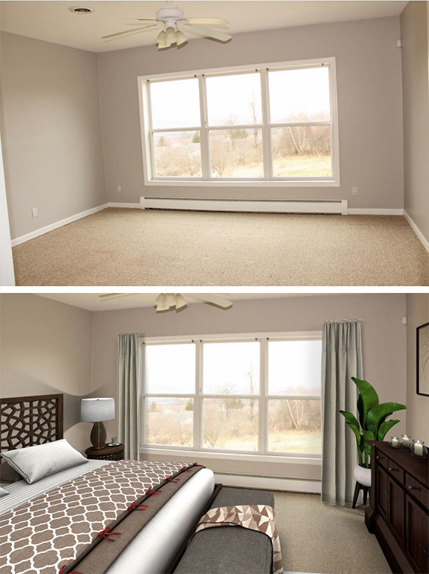 Cette image montre une petite chambre design avec un mur gris, aucune cheminée et un sol gris.