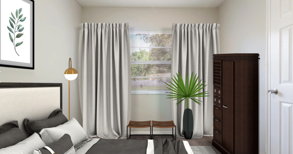 Imagen de dormitorio principal contemporáneo pequeño con paredes beige