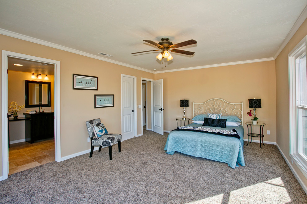 Example of a mid-sized classic master carpeted bedroom design in Orange County with beige walls and no fireplace
