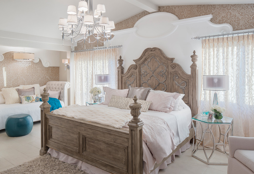 Traditional master bedroom in Miami with beige walls.