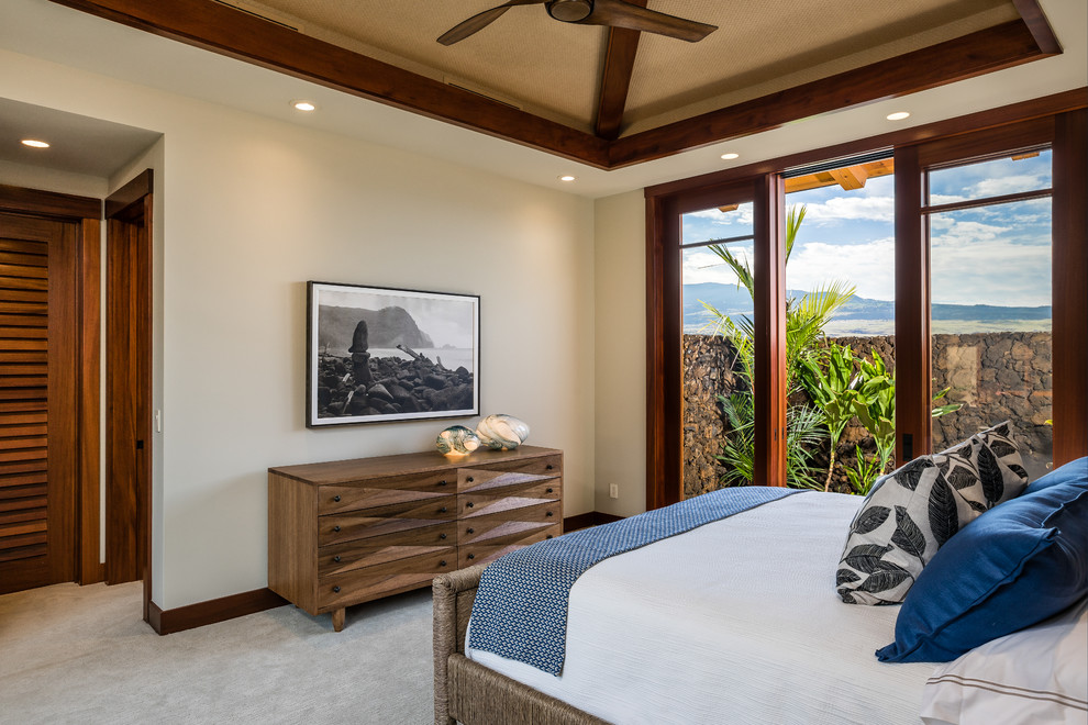 Immagine di una camera degli ospiti tropicale con pareti beige, moquette e pavimento beige