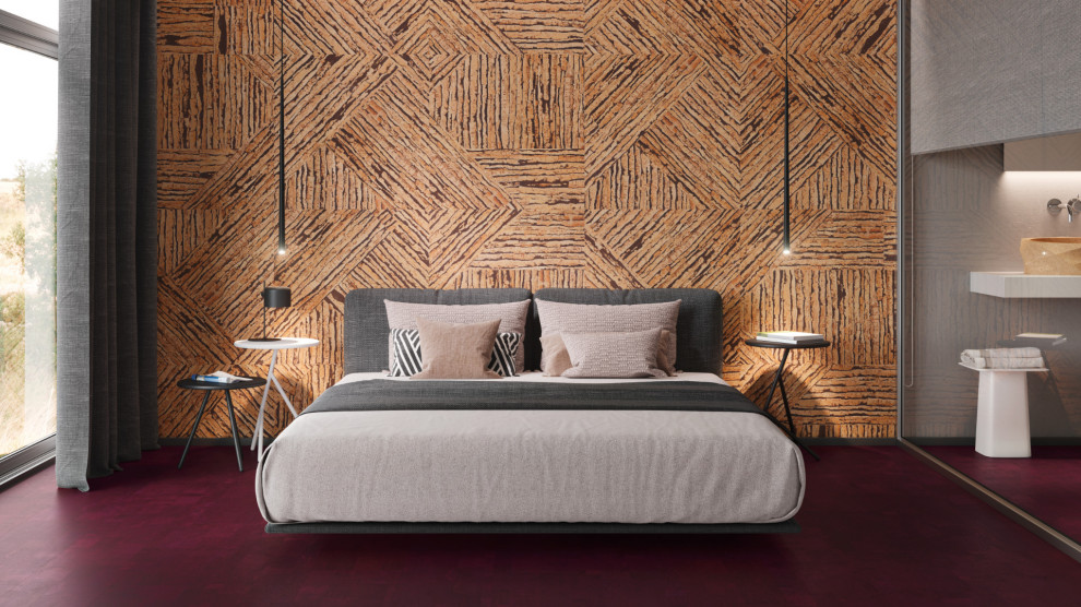 Immagine di una camera da letto minimalista con pareti marroni, pavimento in sughero, pavimento viola e pannellatura