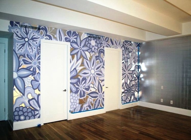 Wall Featuring Hand Painted Mural On Top Of Silver Leaf Gilding Bedroom New York By Monpere Decor Houzz Uk