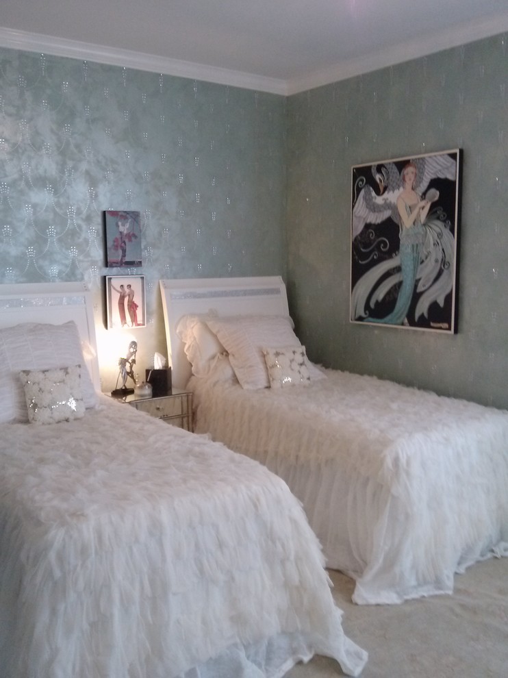 Example of a classic guest carpeted bedroom design in Portland with green walls