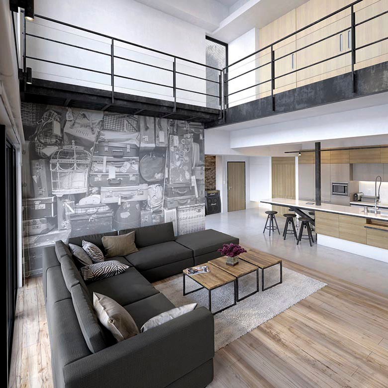 Modelo de dormitorio contemporáneo grande sin chimenea con suelo de madera clara, suelo marrón y paredes grises