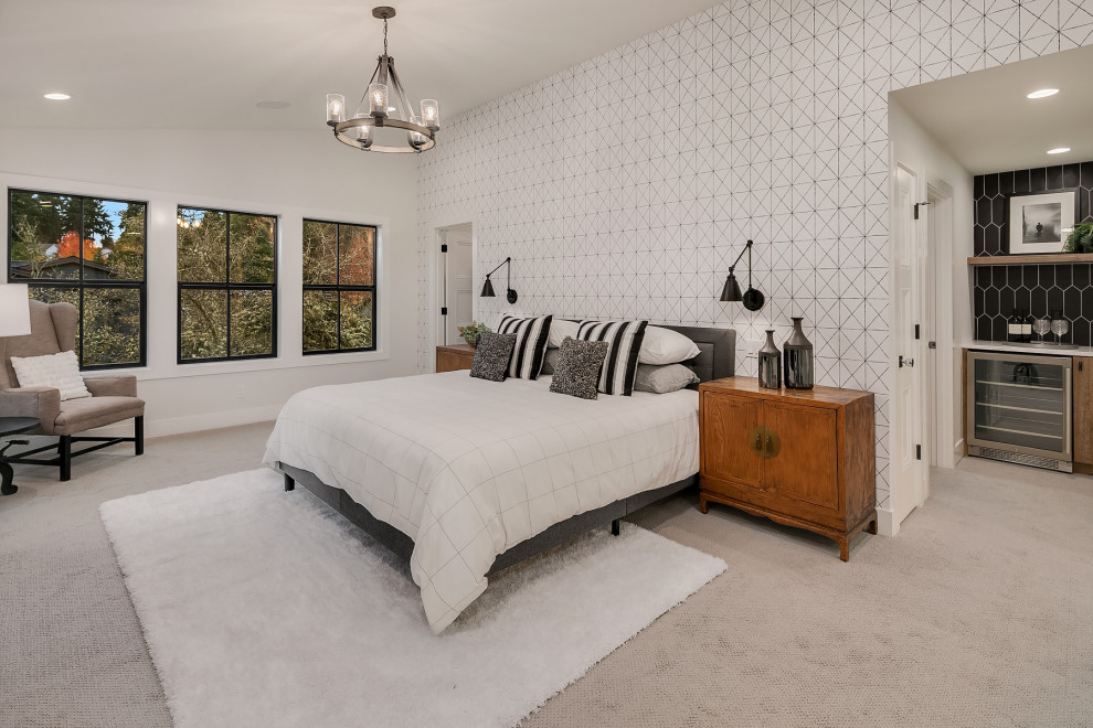 Large farmhouse master carpeted and gray floor bedroom photo in Seattle with white walls, a standard fireplace and a wood fireplace surround