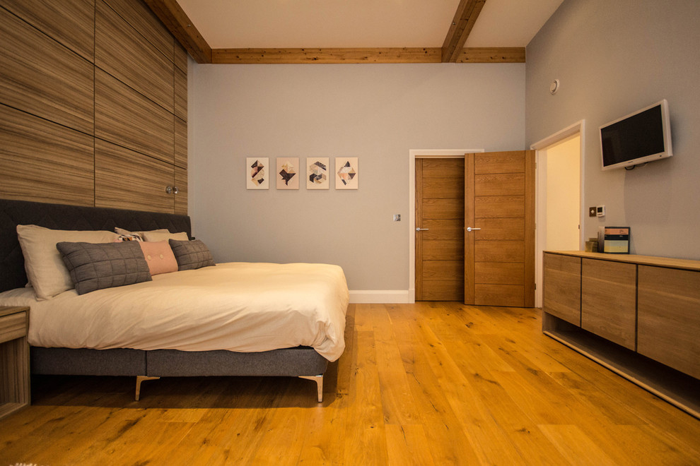 Ejemplo de dormitorio principal actual grande con paredes grises y suelo de madera en tonos medios