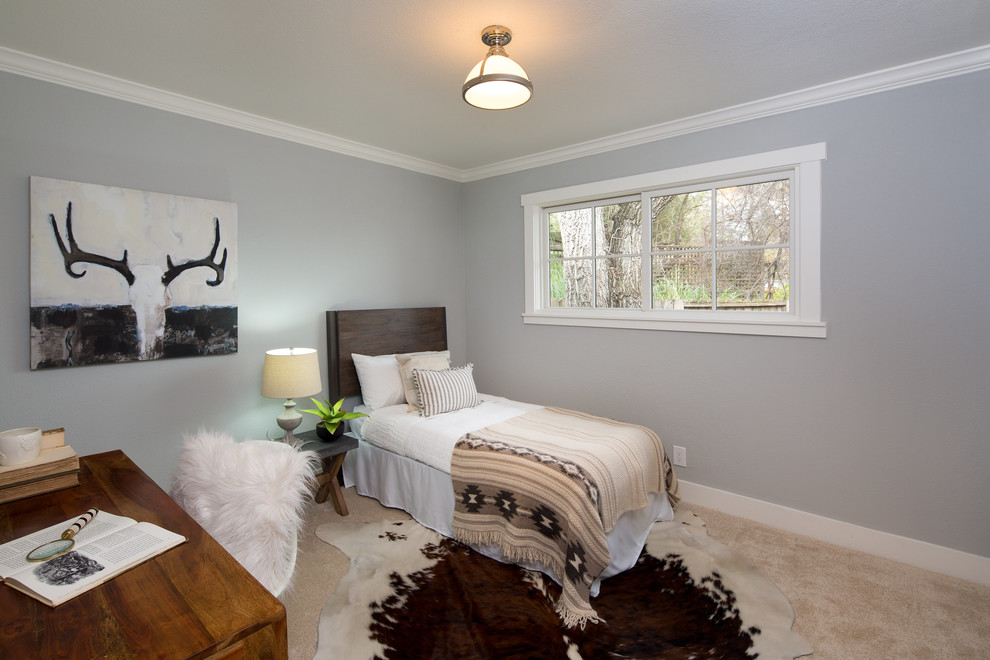 Design ideas for a small country guest bedroom in San Francisco with grey walls, carpet, no fireplace and beige floors.