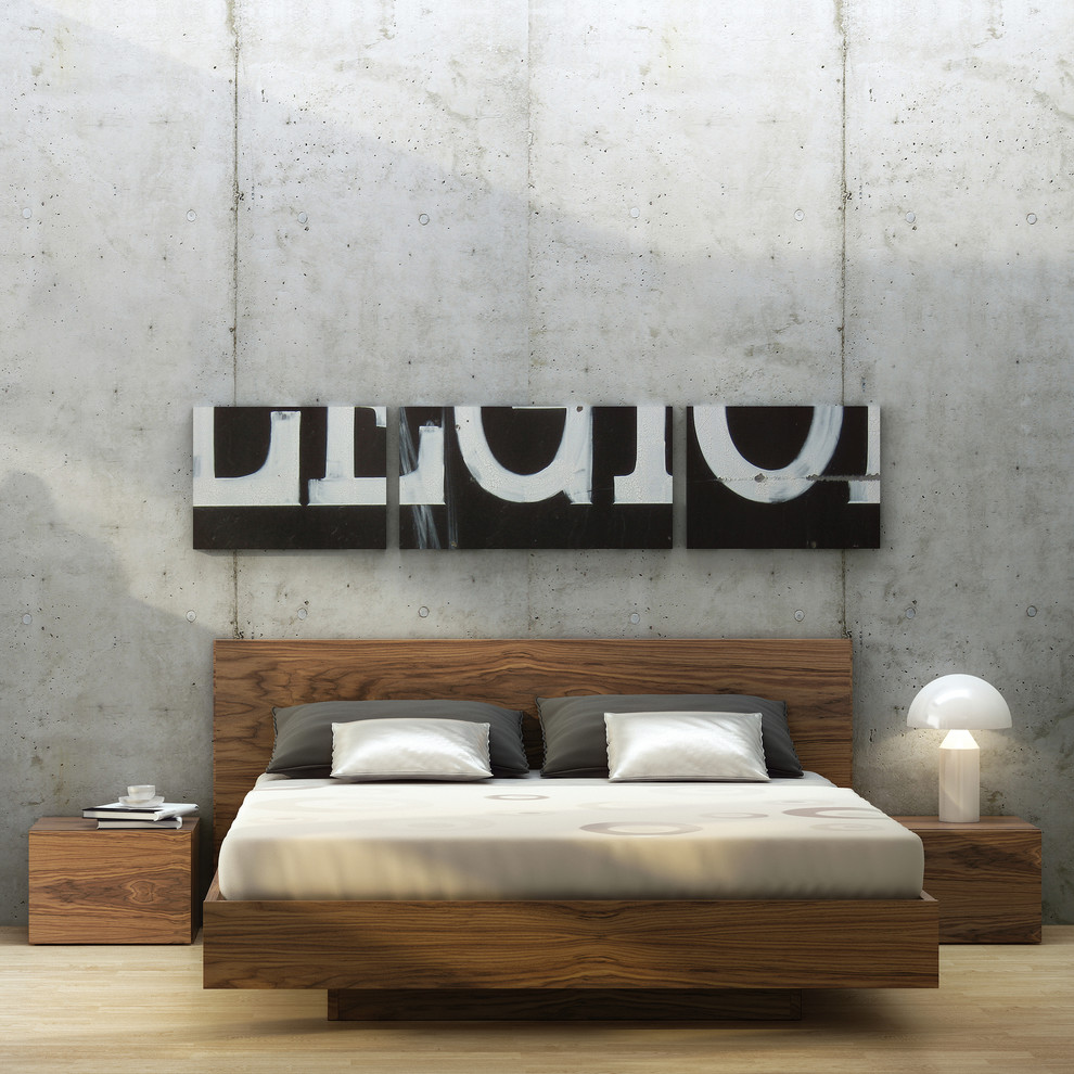 Modernes Schlafzimmer mit grauer Wandfarbe und hellem Holzboden in Sonstige