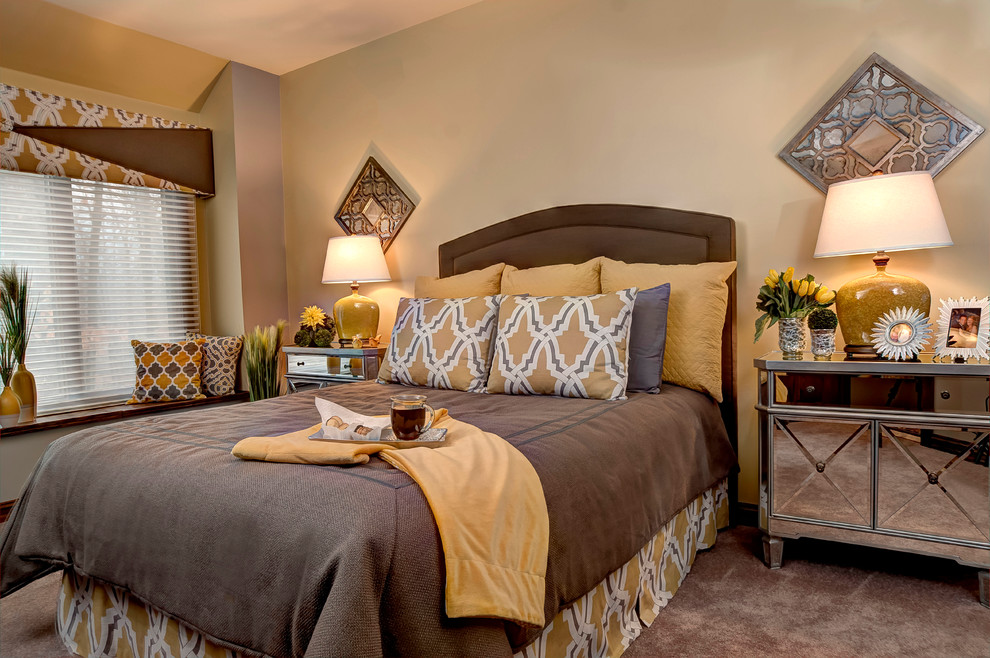 Example of a mid-sized trendy guest carpeted bedroom design in Chicago with yellow walls and no fireplace