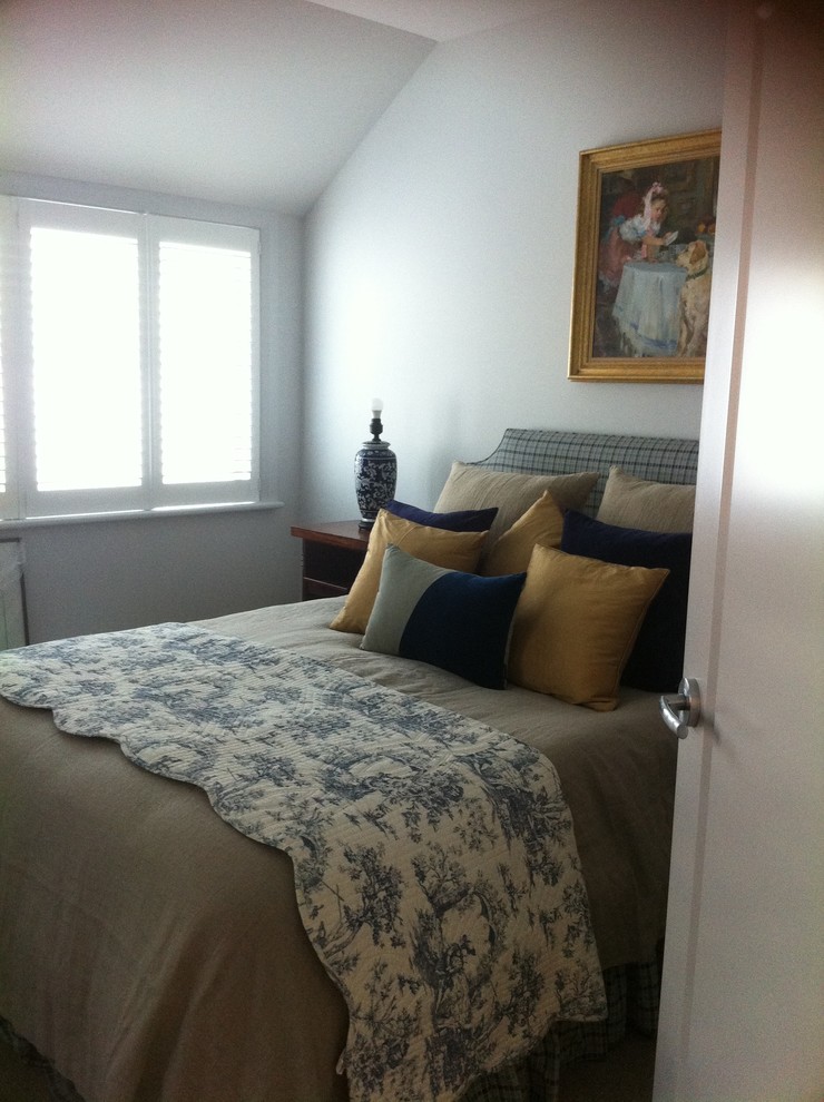 Стильный дизайн: огромная гостевая спальня (комната для гостей) в классическом стиле с серыми стенами и ковровым покрытием - последний тренд