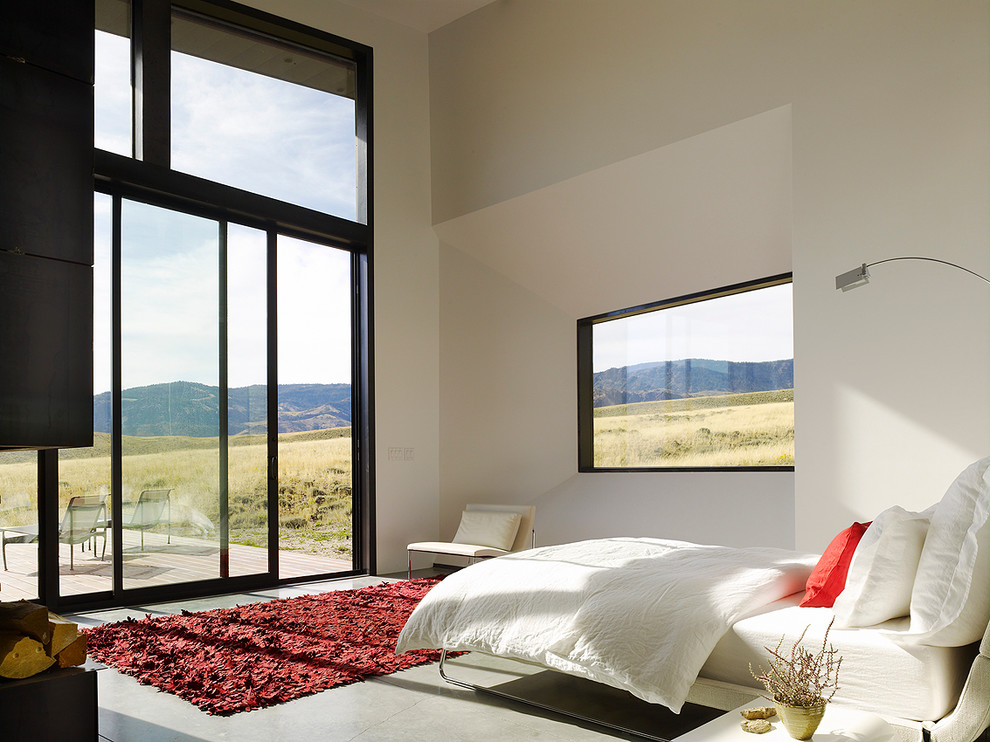 他の地域にある広いコンテンポラリースタイルのおしゃれな主寝室 (白い壁、コンクリートの床、標準型暖炉) のレイアウト