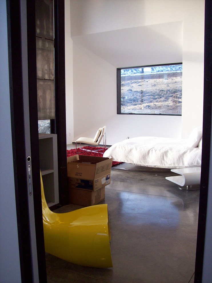 Cette image montre une grande chambre parentale minimaliste avec un mur blanc et sol en béton ciré.