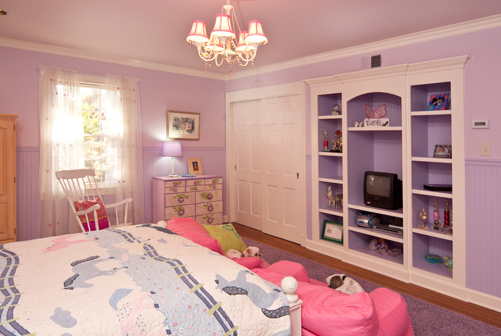 Large elegant light wood floor bedroom photo in Other with purple walls and no fireplace