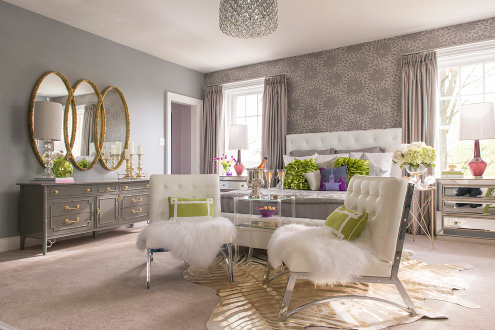 Inspiration for a classic master and grey and pink bedroom in Philadelphia with grey walls, carpet, a stone fireplace surround and a standard fireplace.