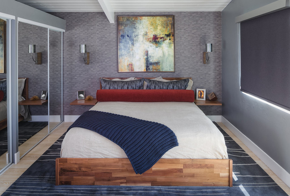 Bedroom - mid-sized contemporary light wood floor bedroom idea in San Diego with gray walls
