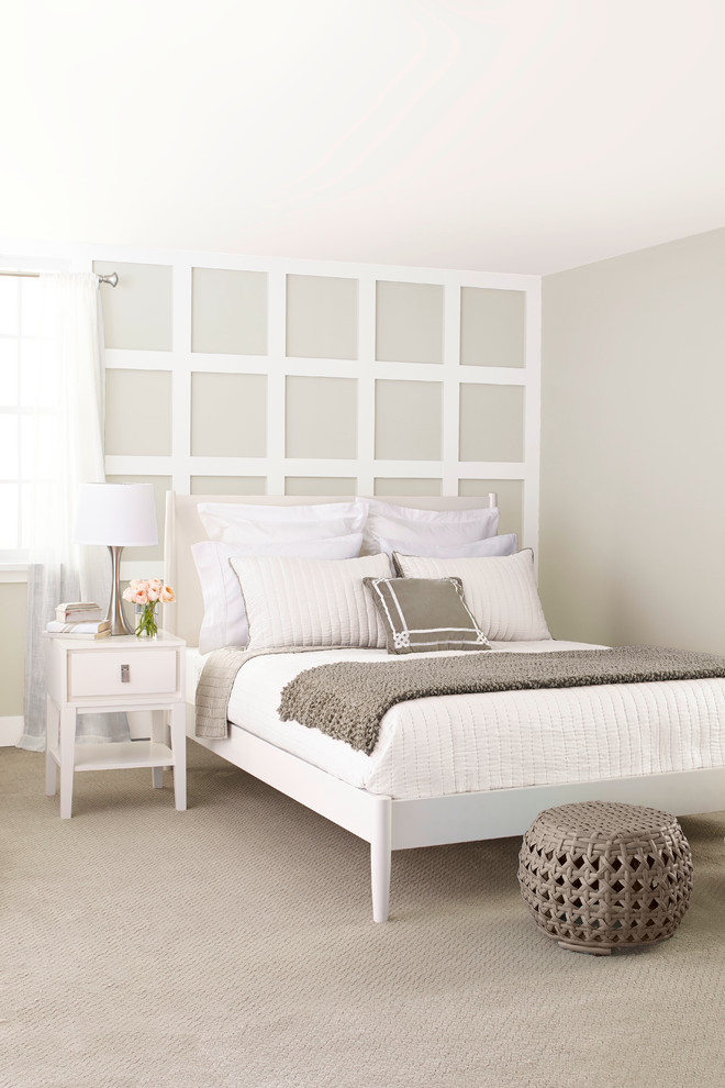 Example of a mid-sized transitional master carpeted bedroom design in Charlotte with gray walls