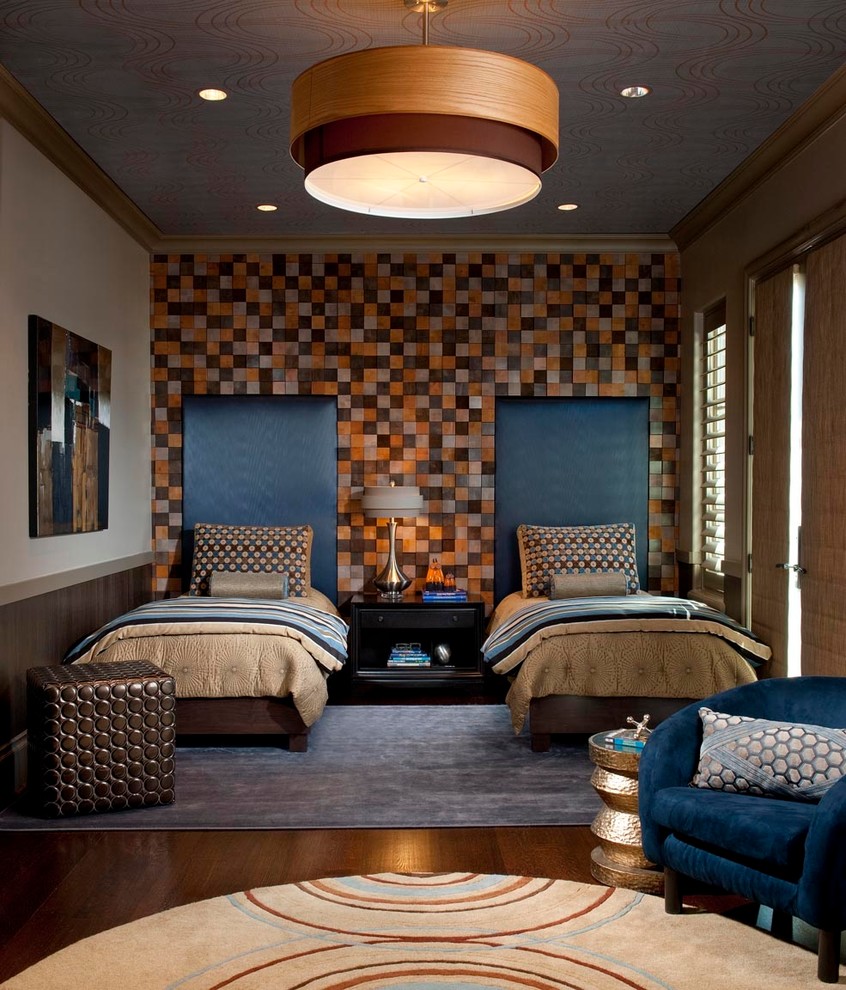 Classic guest and grey and brown bedroom in Dallas with dark hardwood flooring, no fireplace and a feature wall.