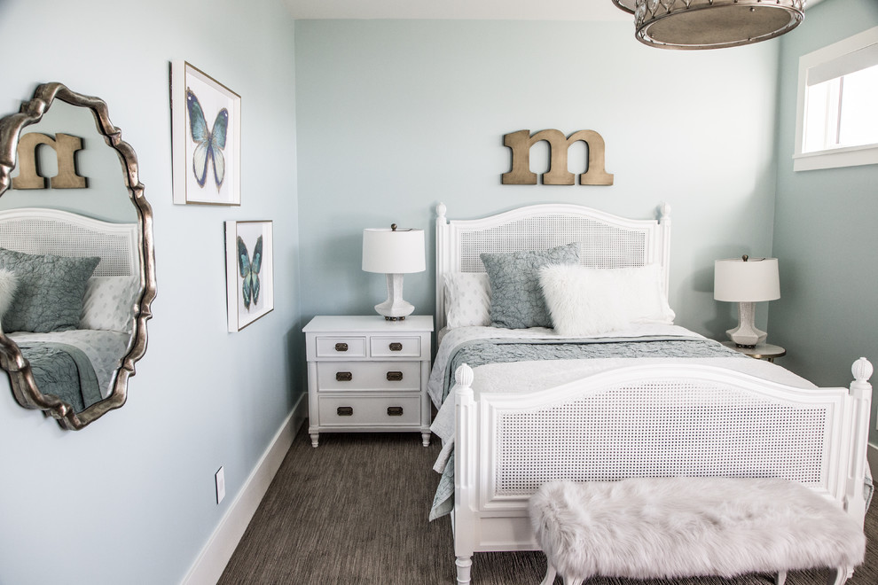 Mid-sized elegant carpeted and gray floor bedroom photo in Salt Lake City with blue walls