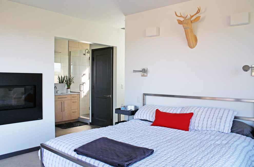 На фото: маленькая хозяйская спальня в современном стиле с белыми стенами, бетонным полом и двусторонним камином для на участке и в саду