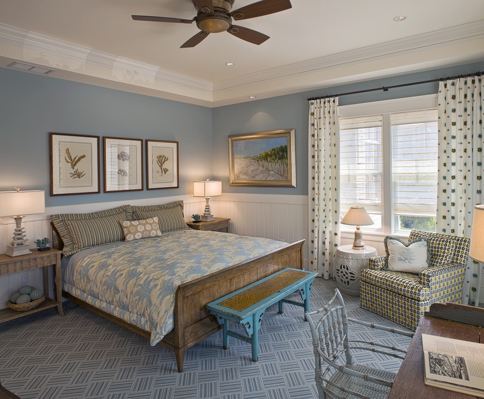 Example of a large beach style carpeted and blue floor bedroom design in Philadelphia with blue walls and no fireplace