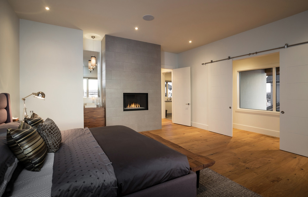 Foto de dormitorio principal contemporáneo grande con paredes blancas, suelo de madera en tonos medios, todas las chimeneas y marco de chimenea de baldosas y/o azulejos