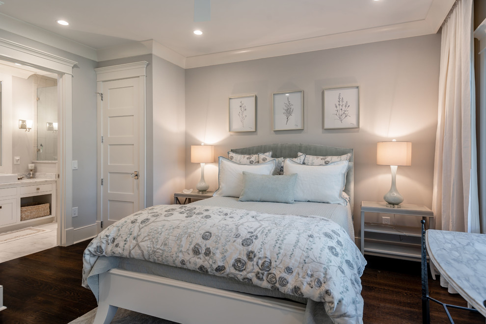 Inspiration for a medium sized classic guest bedroom in Charleston with grey walls, dark hardwood flooring and brown floors.