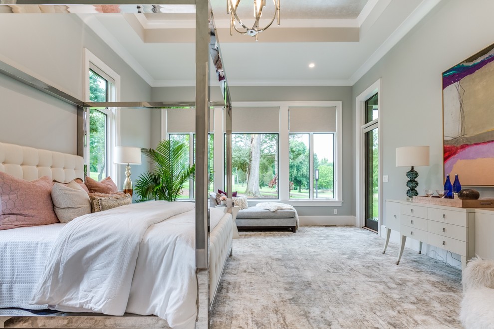 Design ideas for a traditional master bedroom in Other with grey walls, carpet and beige floors.