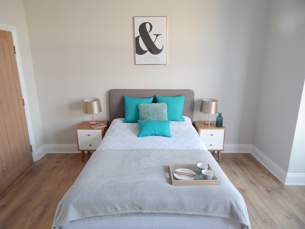 Источник вдохновения для домашнего уюта: хозяйская спальня среднего размера в скандинавском стиле с серыми стенами, полом из ламината и стандартным камином
