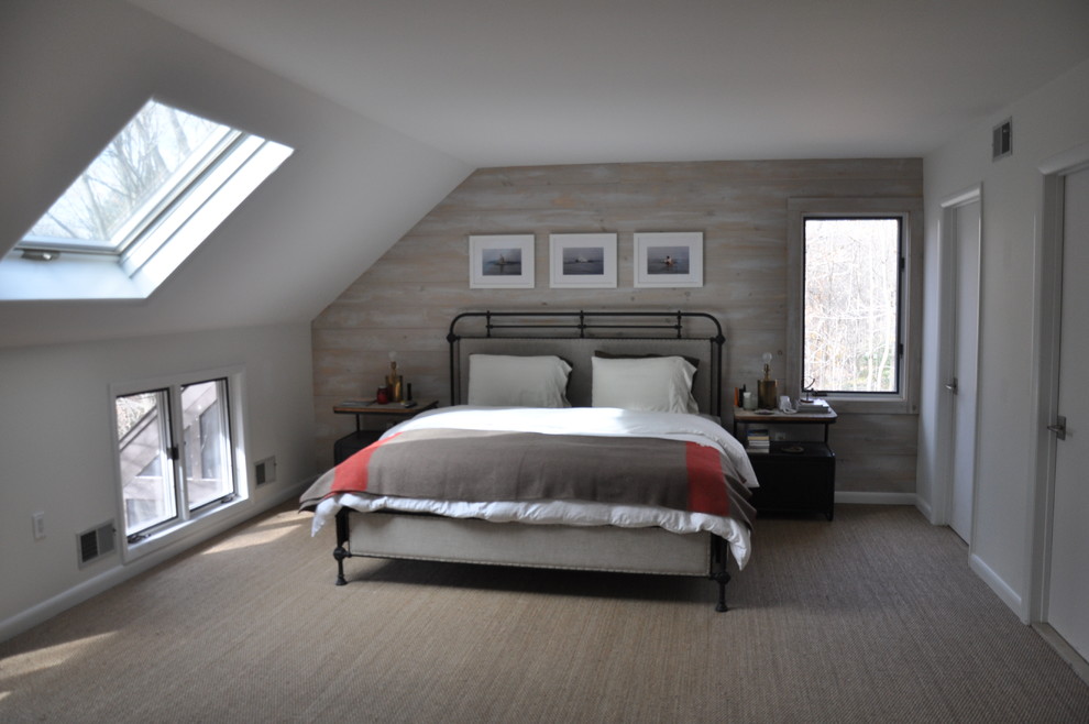 Imagen de dormitorio principal actual de tamaño medio sin chimenea con moqueta y paredes blancas