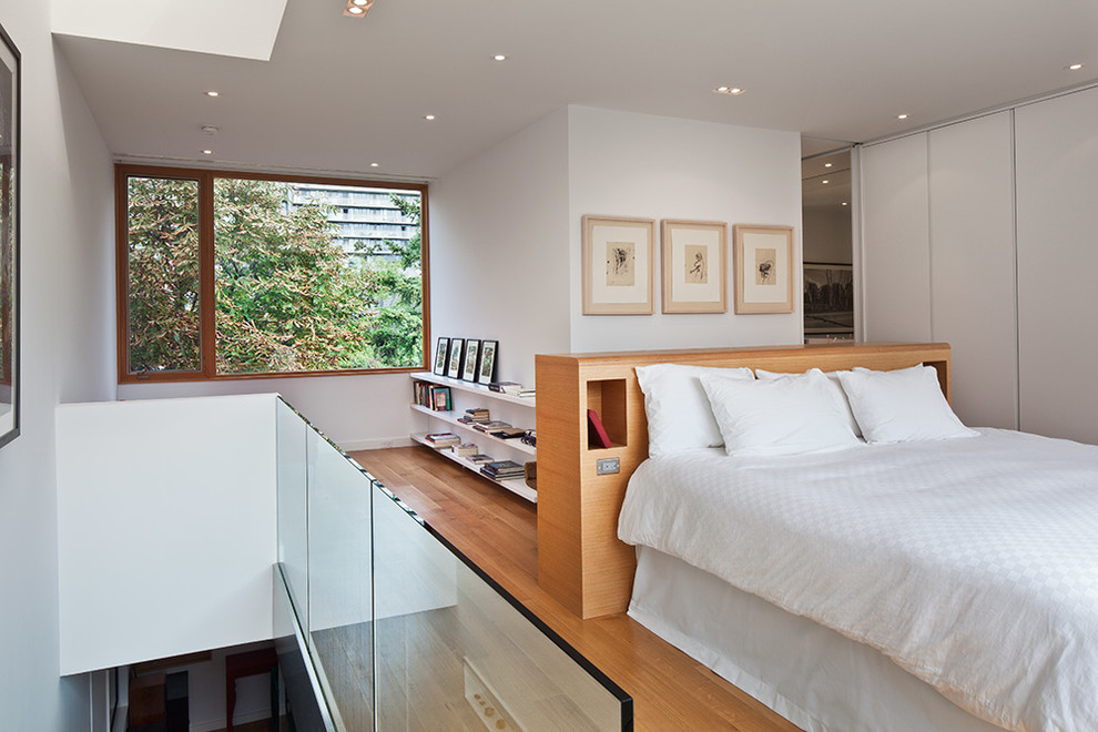 Immagine di una camera da letto stile loft design di medie dimensioni con pareti bianche, pavimento in legno massello medio e nessun camino