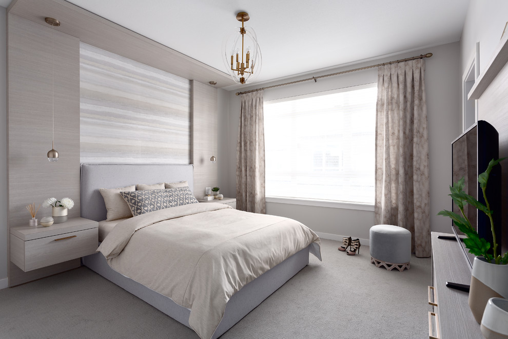 Foto di una camera da letto costiera con pareti grigie, moquette e pavimento grigio