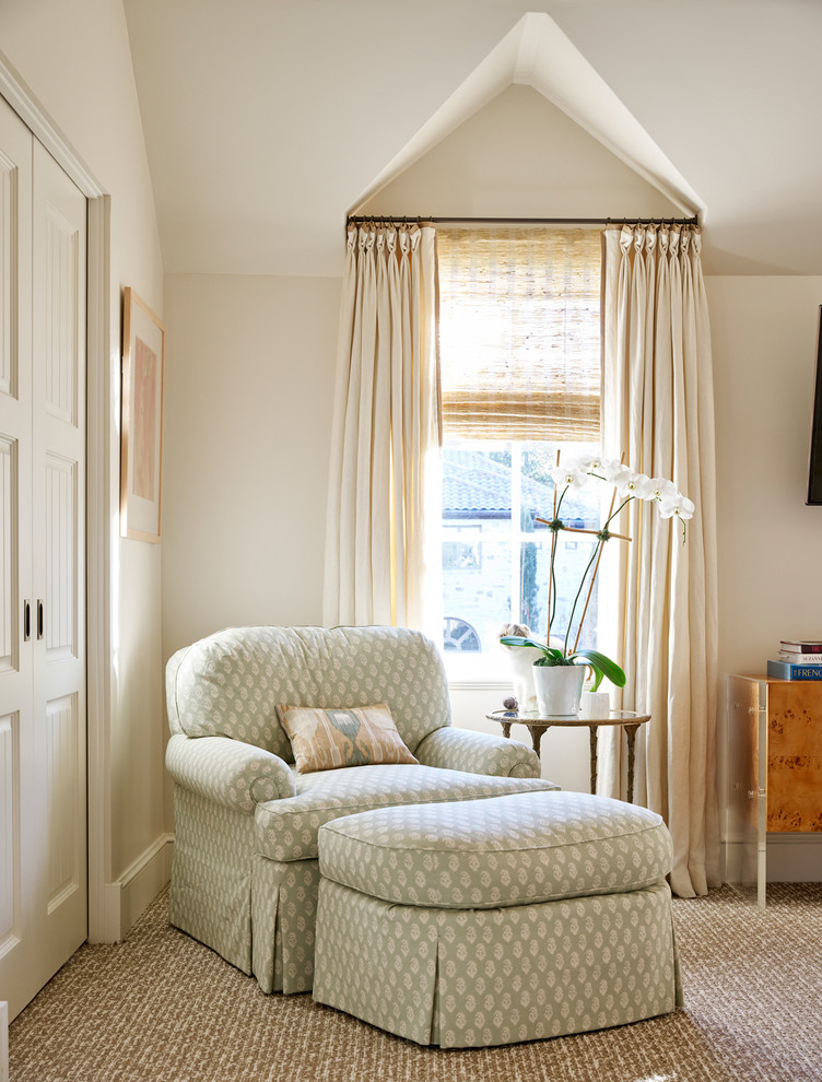 Inspiration for a transitional master carpeted bedroom remodel in Dallas with beige walls