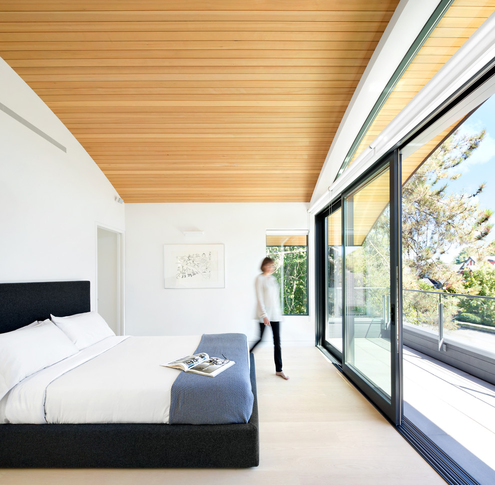 Small contemporary master bedroom in Vancouver with white walls, light hardwood flooring and no fireplace.