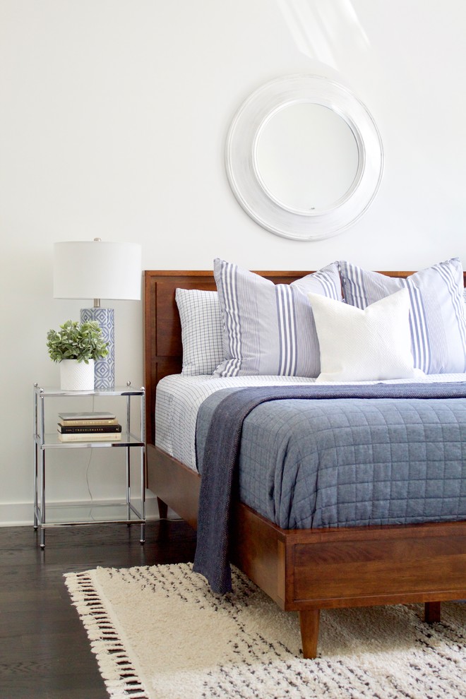 Bedroom - mid-sized transitional master dark wood floor and brown floor bedroom idea in Nashville with white walls and no fireplace