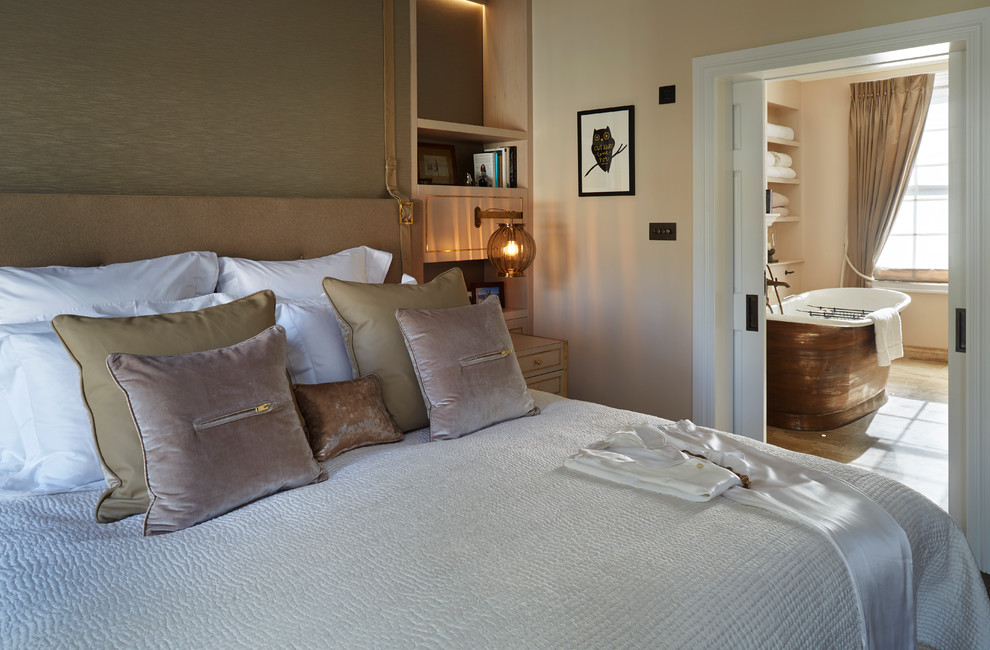 Master bedroom in London with beige walls.