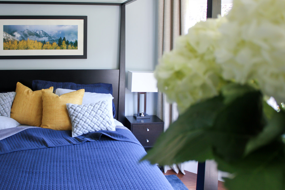 Modelo de dormitorio principal tradicional renovado pequeño con paredes azules y suelo de madera oscura