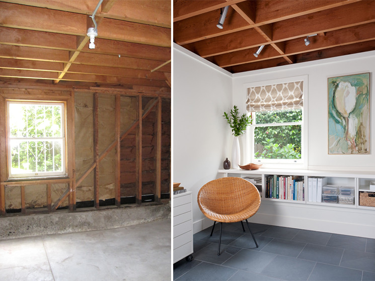 Kleines Modernes Schlafzimmer mit weißer Wandfarbe und Schieferboden in San Francisco