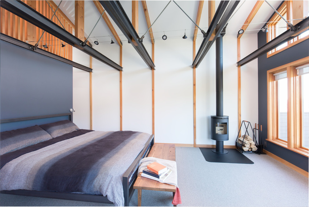 Bild på ett funkis sovrum, med vita väggar, heltäckningsmatta, en öppen vedspis, grått golv och en spiselkrans i metall