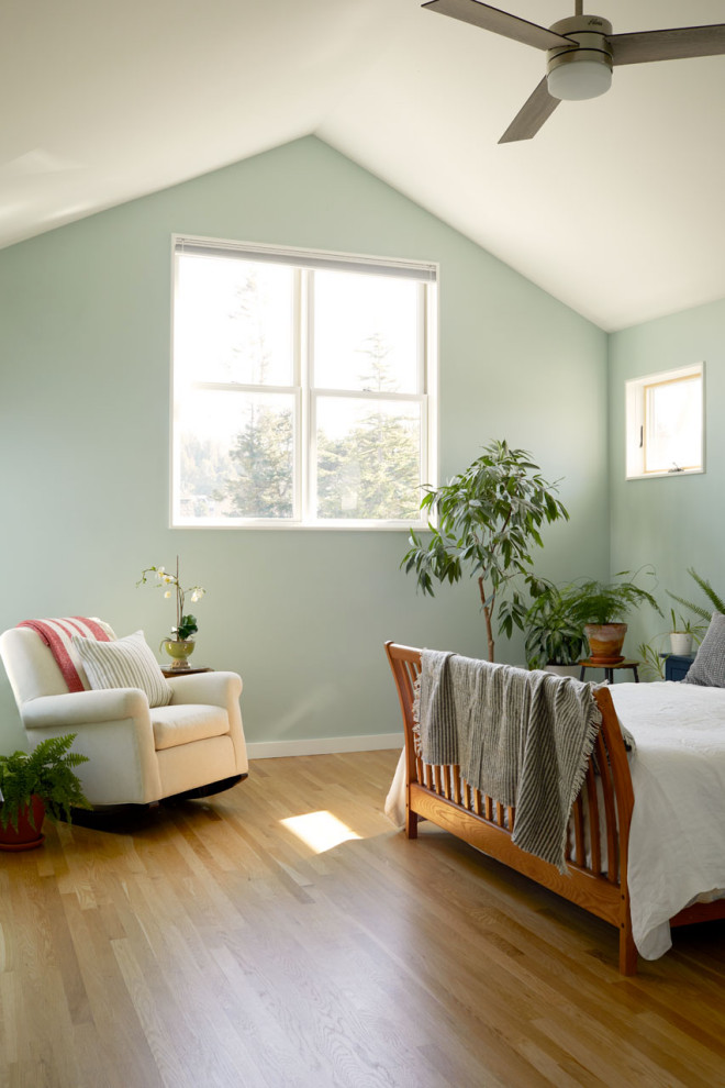 Idee per una camera matrimoniale country con pareti blu, pavimento in legno massello medio, pavimento marrone e soffitto a volta