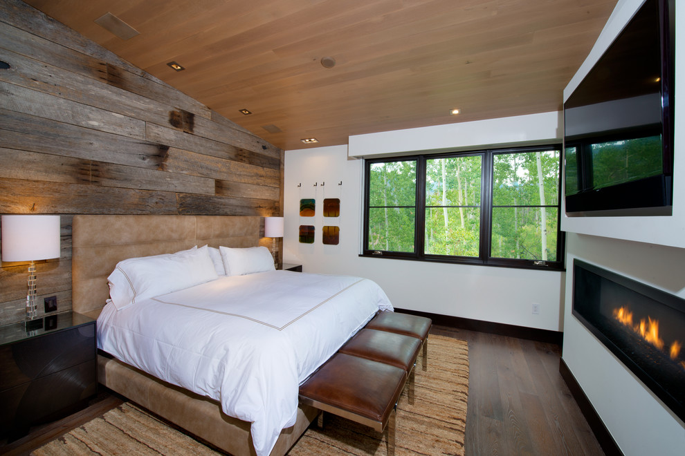 Mittelgroßes Modernes Hauptschlafzimmer mit weißer Wandfarbe, dunklem Holzboden, Gaskamin und Kaminumrandung aus Metall in Denver