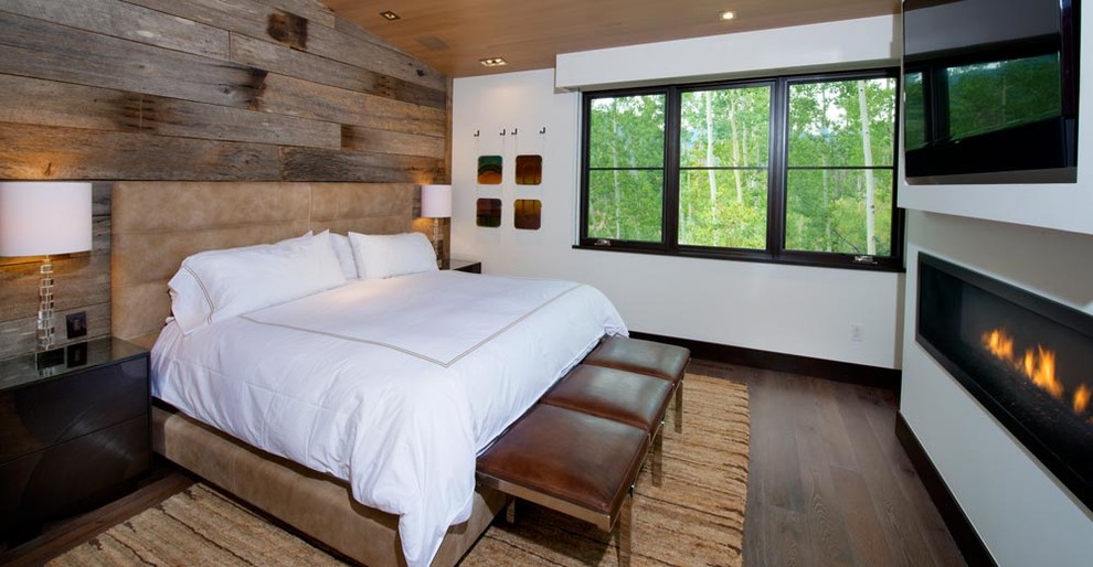 Mittelgroßes Modernes Gästezimmer mit weißer Wandfarbe, braunem Holzboden, Gaskamin und weißem Boden in Denver