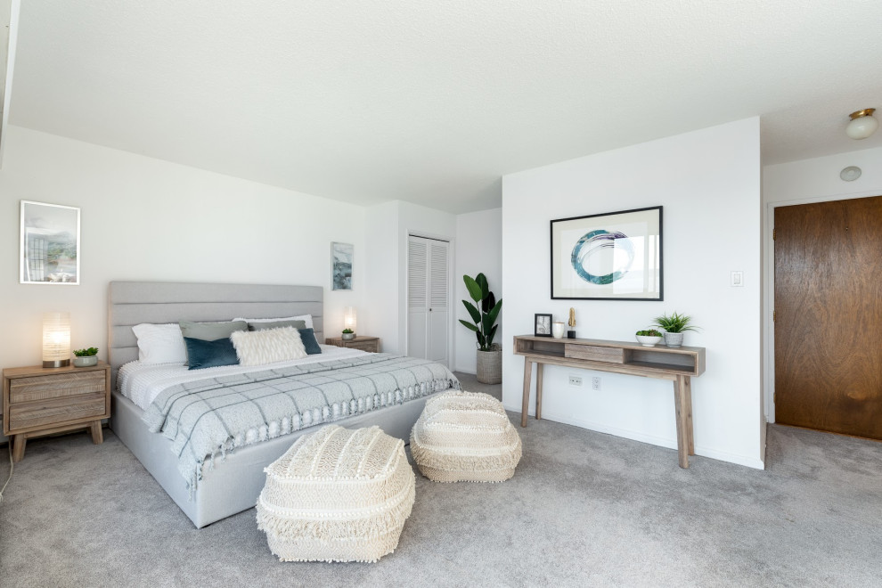 Foto de dormitorio contemporáneo con paredes blancas, moqueta y suelo gris